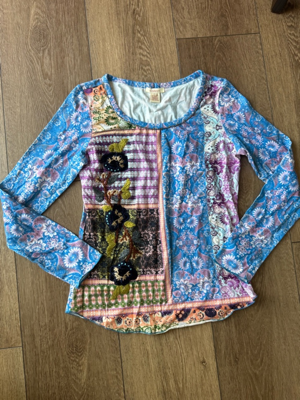 Sundance Multicolor Patchwork Floral Long Sleeve Top - Blue, Purple, Pink